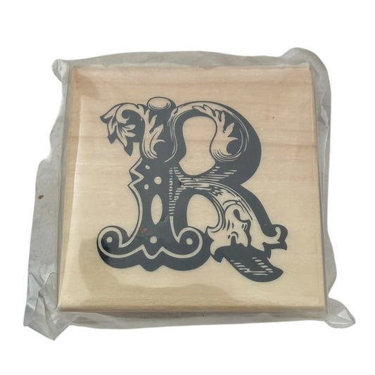 Ornate Decorative Letter R Monogram Wood Mounted Rubber Stamp