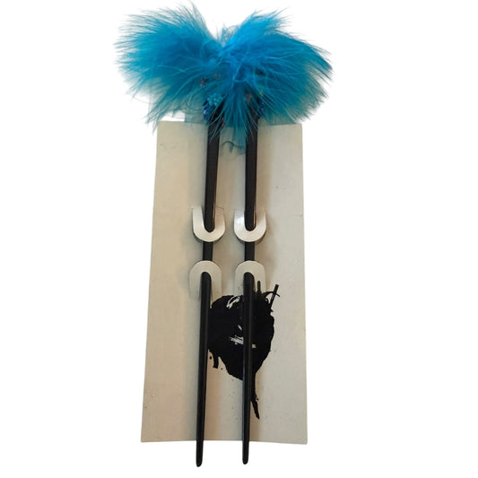 Blue Feather Beaded Black Chopstick Hair Sticks Set