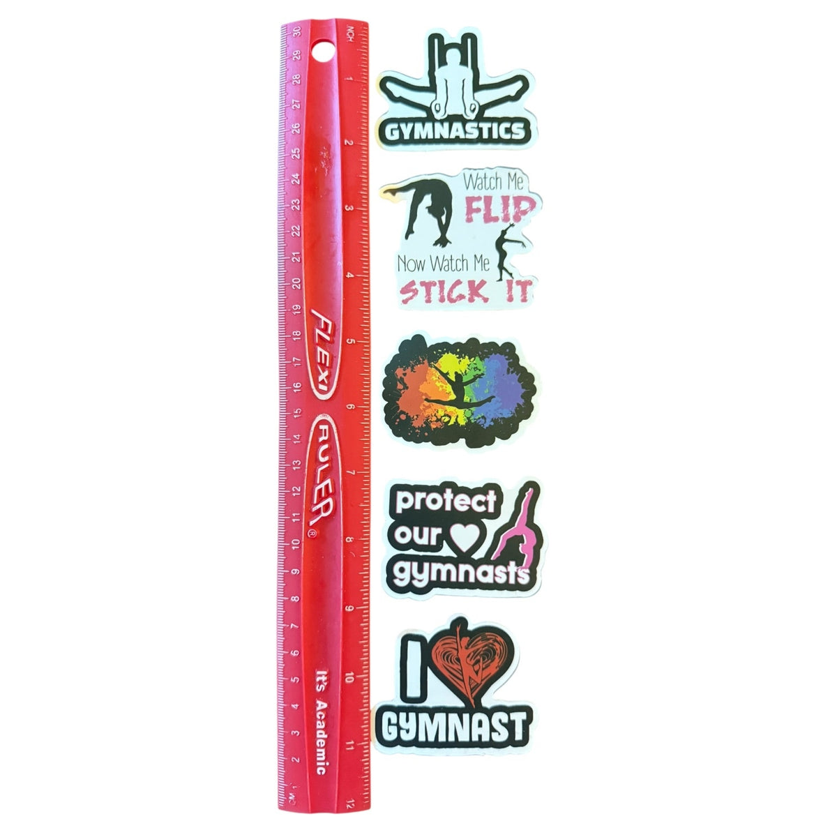 A set of gymnastics-themed stickers displayed next to a red plastic ruler for scale, on a solid white background.