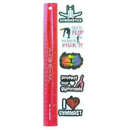 A set of gymnastics-themed stickers displayed next to a red plastic ruler for scale, on a solid white background.
