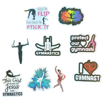 Collection of gymnastics-themed stickers on a white background