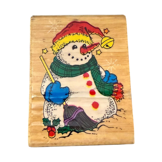 Snowman Smiling With A Broom Crafting Unbranded Rubber Stamp