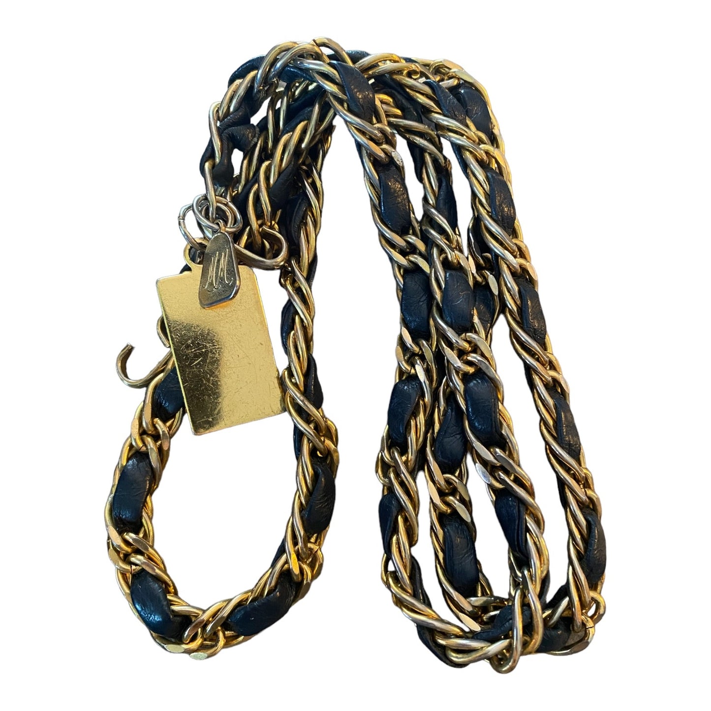Morris Moskowitz Vintage Gold Chain Navy Blue Leather Hook Belt 39.5"