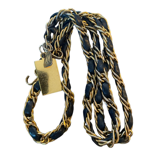 Morris Moskowitz Vintage Gold Chain Navy Blue Leather Hook Belt 39.5"