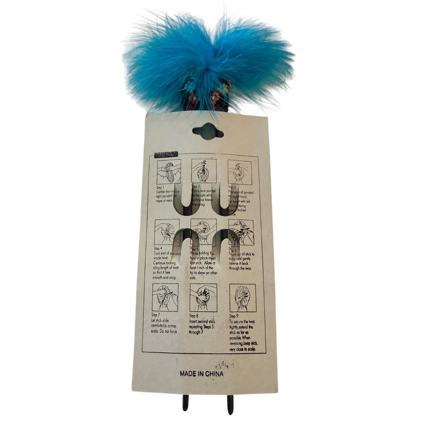 Blue Feather Beaded Black Chopstick Hair Sticks Set