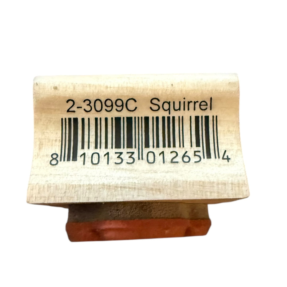 Wooden stamp with a barcode and text on a white background