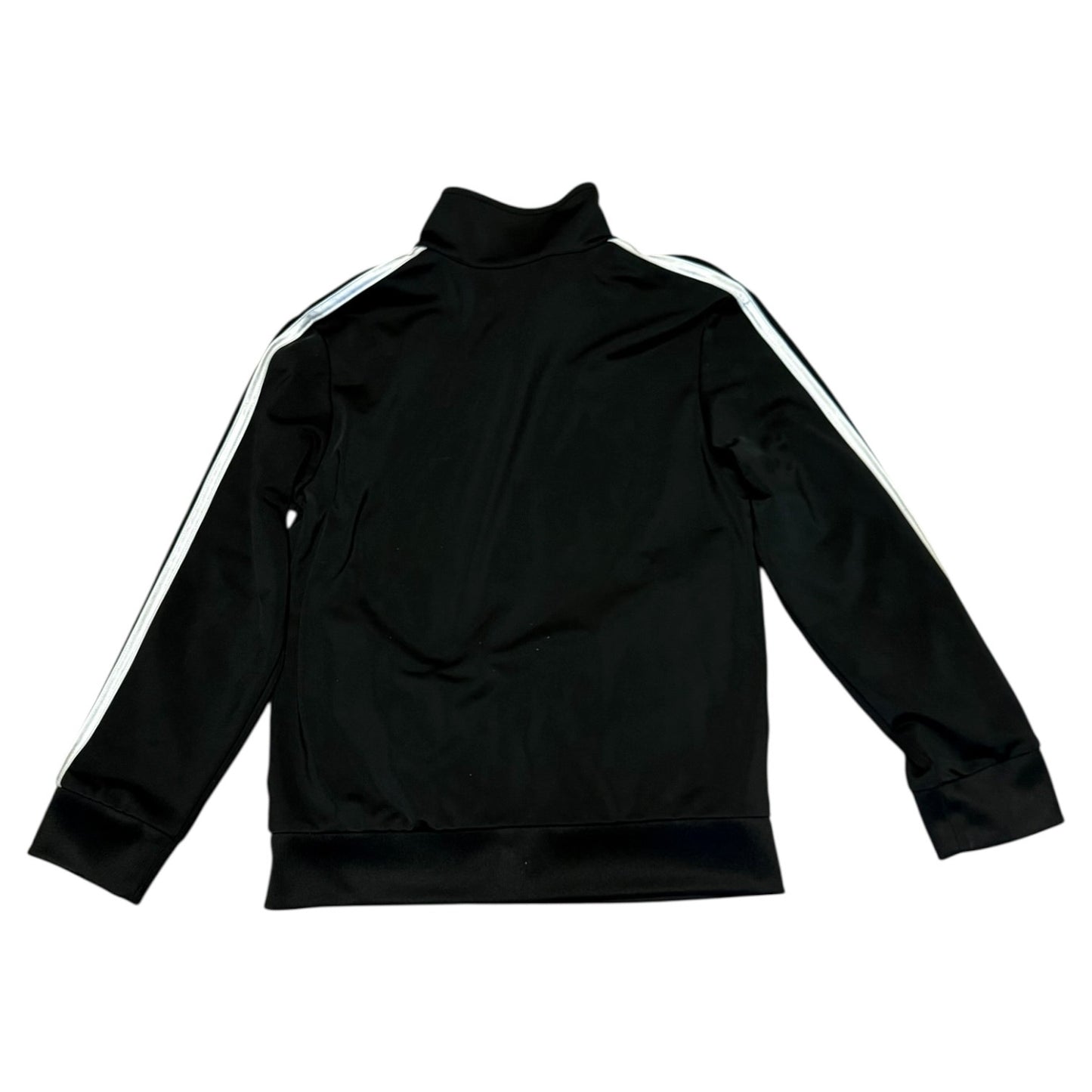 Back of Black track jacket with white stripes on sleeves against a white background