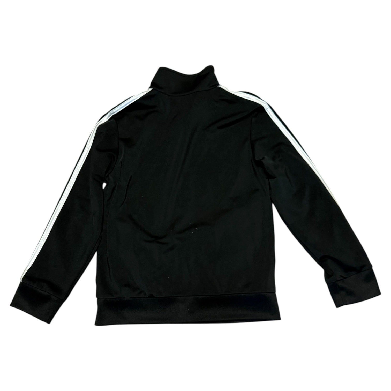 Back of Black track jacket with white stripes on sleeves against a white background
