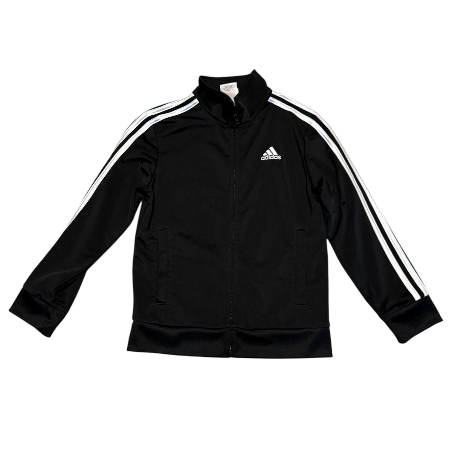 Front of Black Adidas jacket with white stripes on a white background