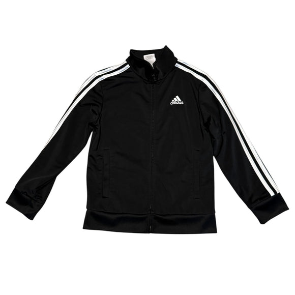 Front of Black Adidas jacket with white stripes on a white background