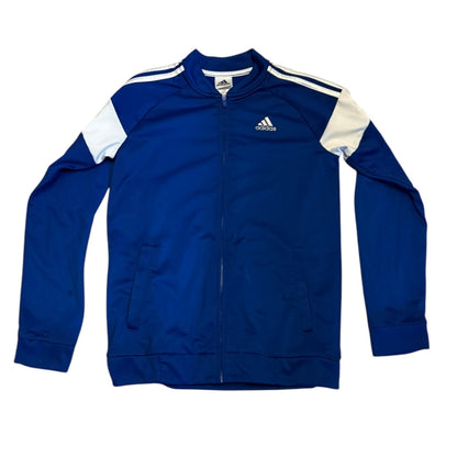 Blue Adidas jacket with white stripes on a white background