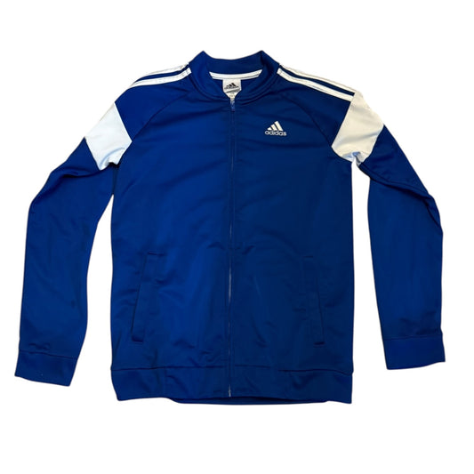Blue Adidas jacket with white stripes on a white background