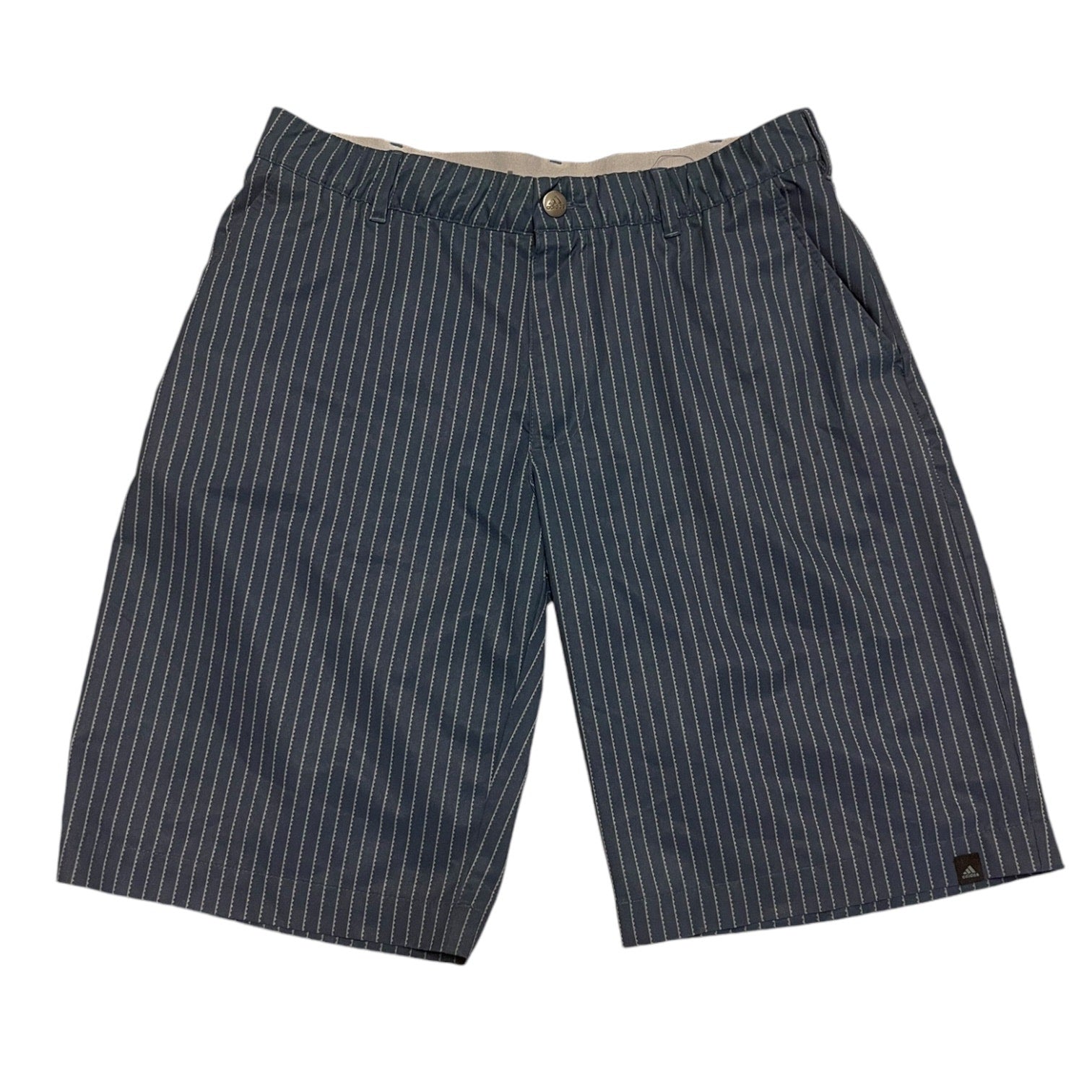 Front of gray pinstripe shorts on a white background