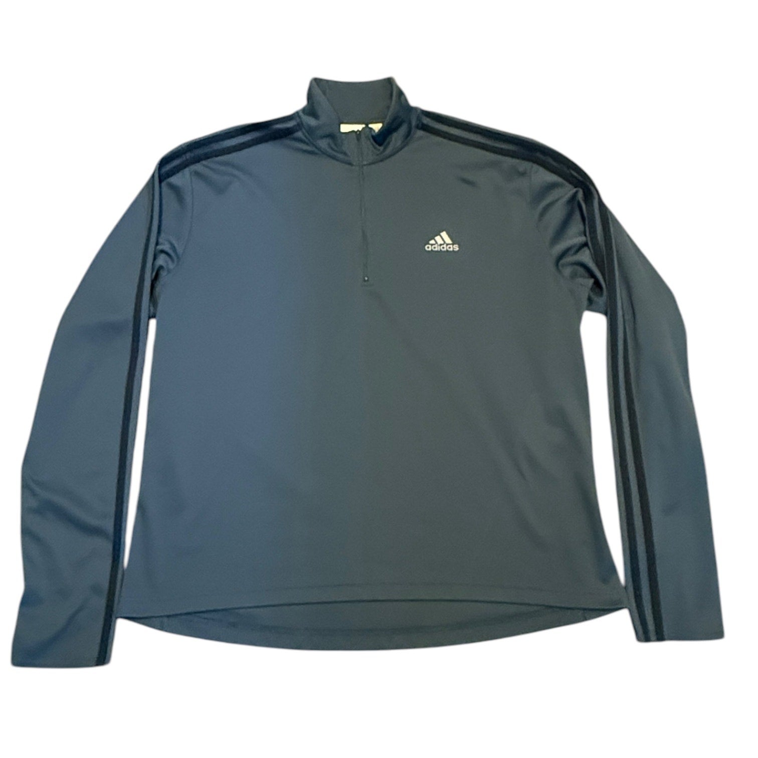 Dark gray Adidas long-sleeve athletic shirt with quarter-zip on a white background