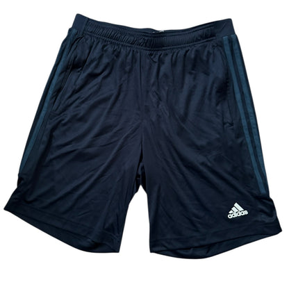 Front of Navy blue Adidas shorts on a white background
