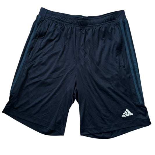 Front of Navy blue Adidas shorts on a white background