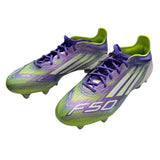 Front side of Purple and green soccer cleats with 'F50' branding on a white background