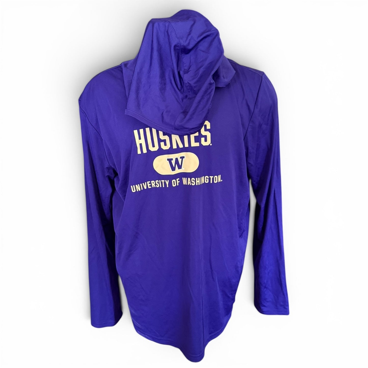 Purple hoodie with 'Huskies' and 'University of Washington' text on a white background