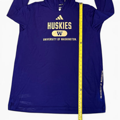 Purple hoodie with 'Huskies' and 'University of Washington' text, measured with a tape measure.