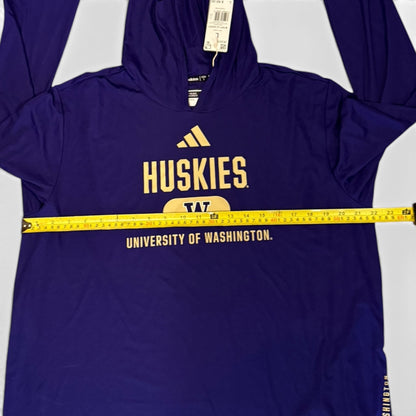 Purple hoodie with 'Huskies' and 'University of Washington' text, featuring an Adidas logo, with a measuring tape on top.