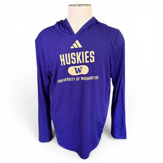 Purple hoodie with 'Huskies University of Washington' text on a mannequin against a white background