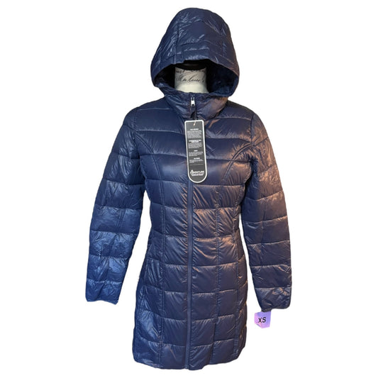 A navy blue ultra light down long hooded jacket with a zip front, hood, and two exterior hand pockets.