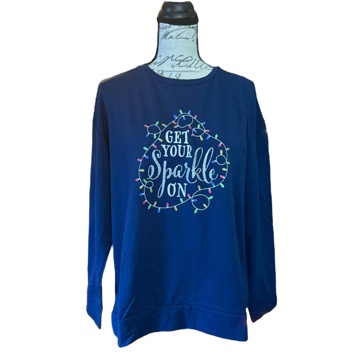 Ellen Tracy Navy Blue Get Your Sparkle Christmas Light Shirt Medium