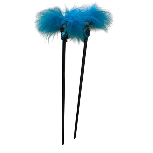 Blue Feather Beaded Black Chopstick Hair Sticks Set