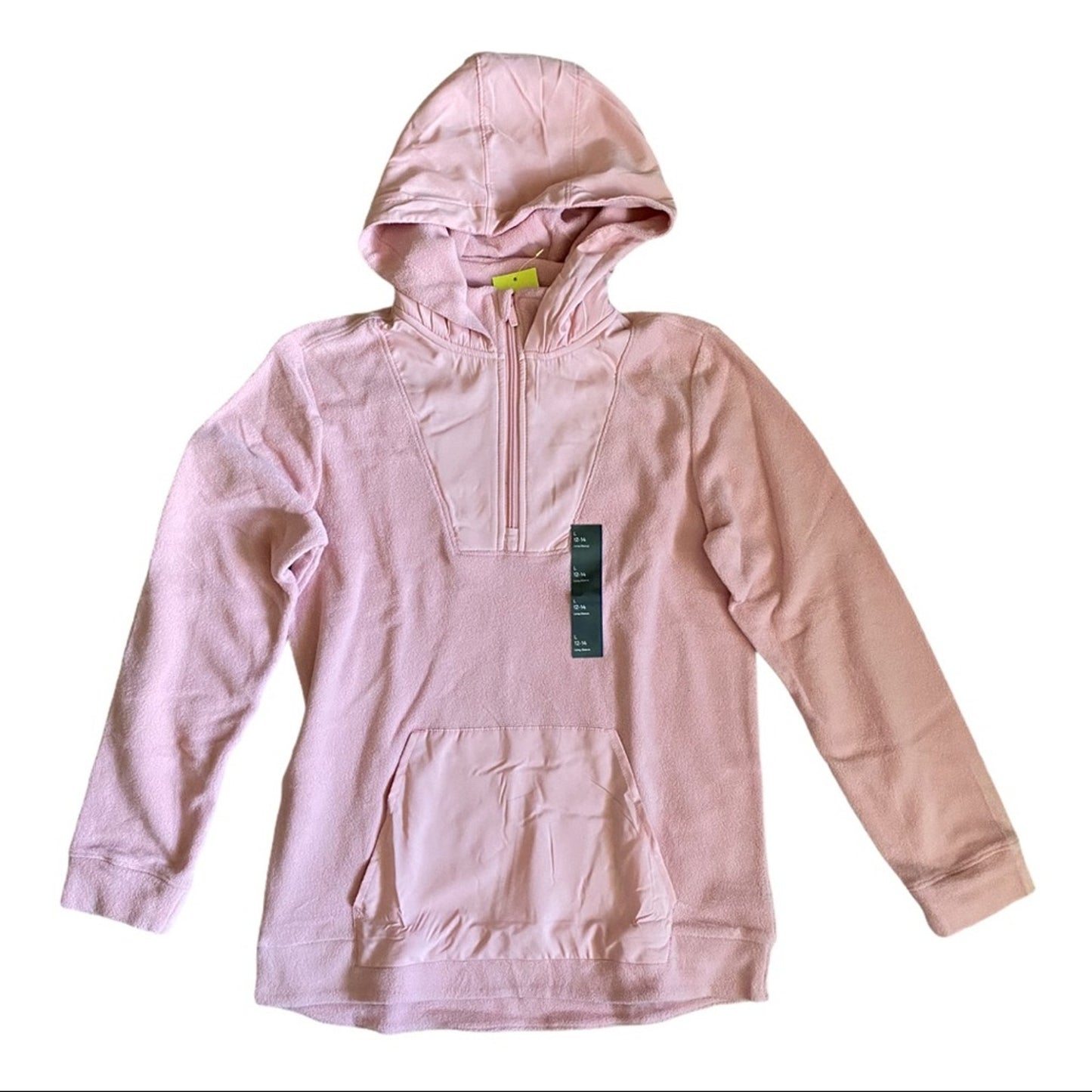 Front of Pink hoodie with a brand tag on a white background