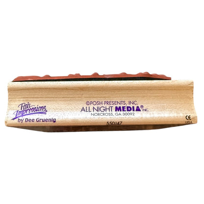 Wooden stamp with branding on a white background