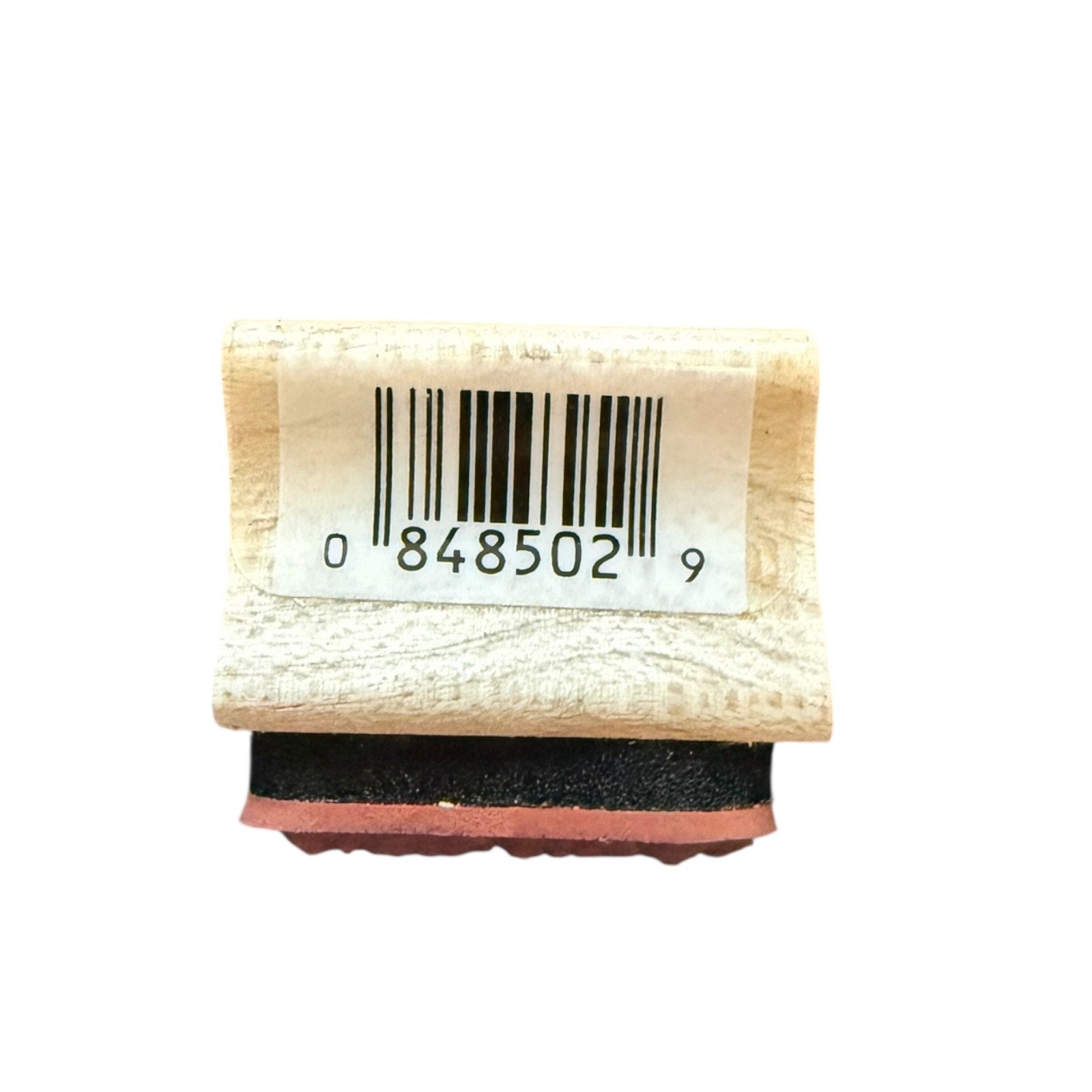 Rubber stamp with a barcode label on a white background