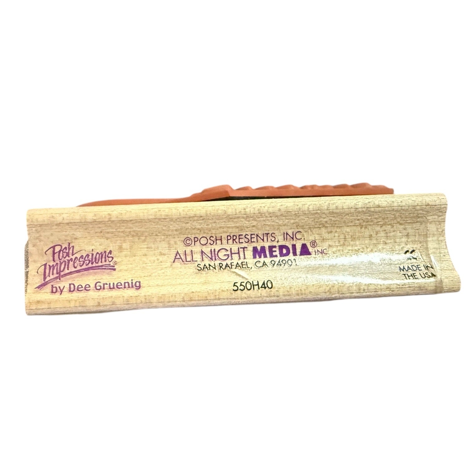 Wooden product with 'Posh Impressions' and 'All Night Media' branding on a white background