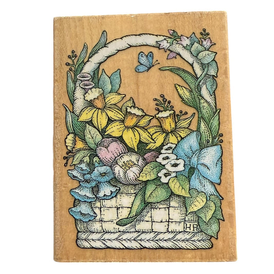 Decorative stamp with floral design and butterflies on a textured background