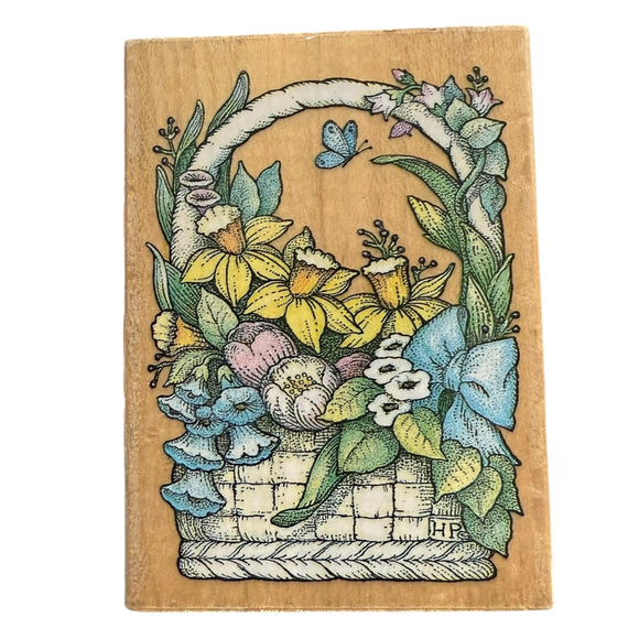 Decorative stamp with floral design and butterflies on a textured background