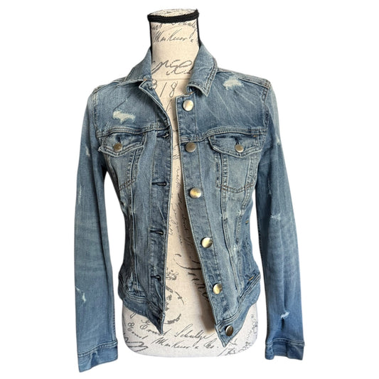 Front of Denim jacket on a mannequin with a white background