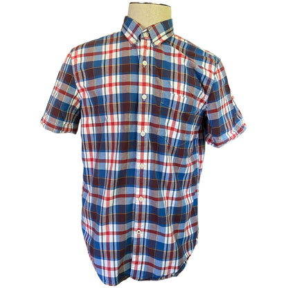 A plaid cotton short sleeve shirt by American Eagle, size large, with a button front and a single left front pocket, displayed on a mannequin.