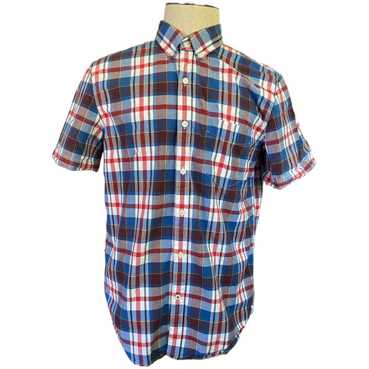 A plaid cotton short sleeve shirt by American Eagle, size large, with a button front and a single left front pocket, displayed on a mannequin.