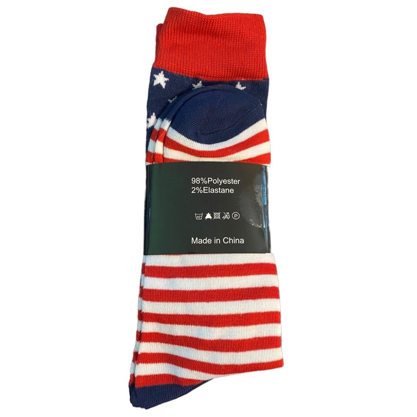 American flag-themed sock with visible label on a white background