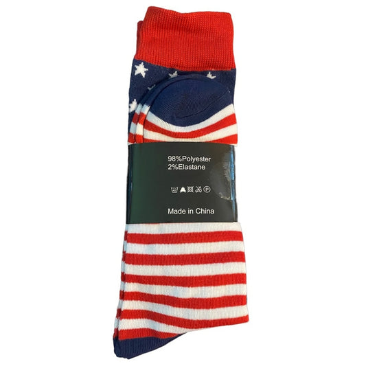 American flag-themed sock with visible label on a white background
