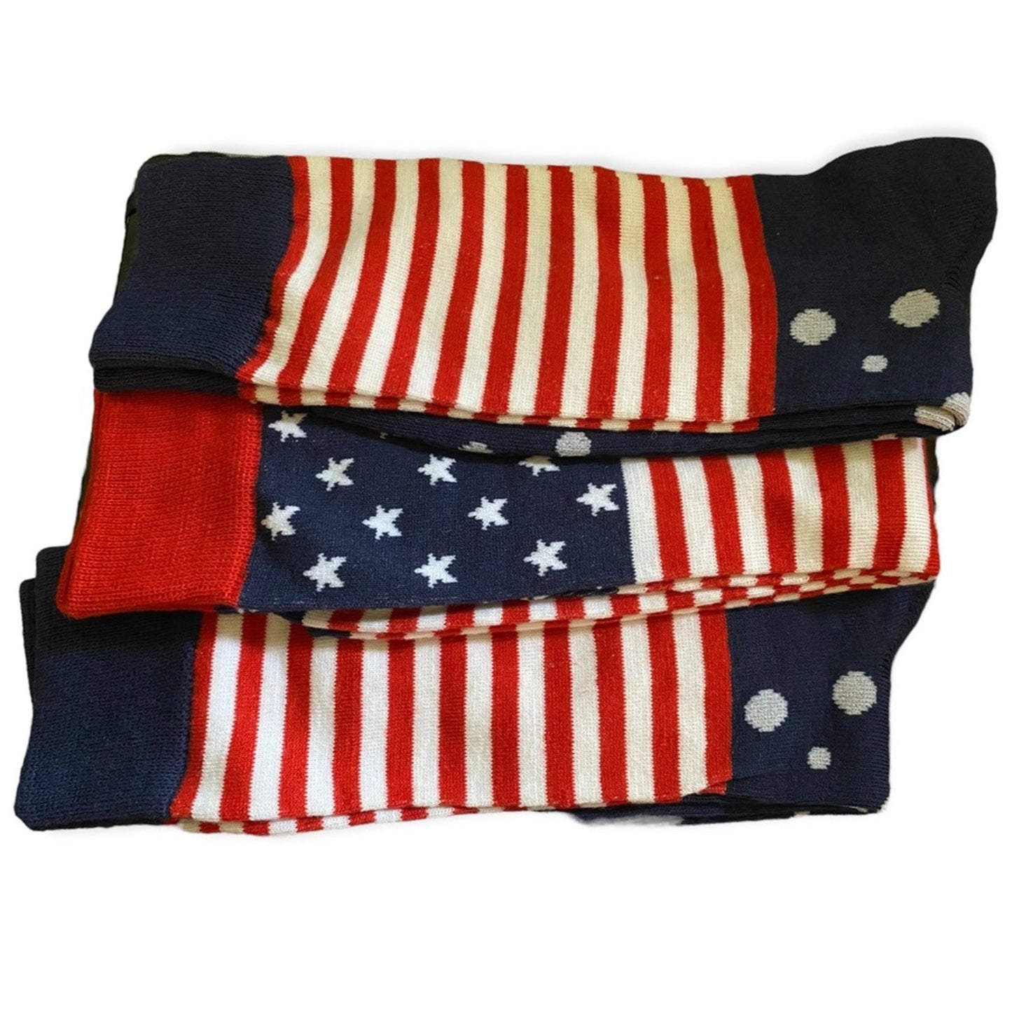 Stack of socks with American flag design on a white background
