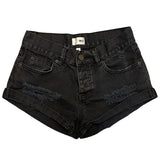 Black denim shorts with slight distressing on a white background