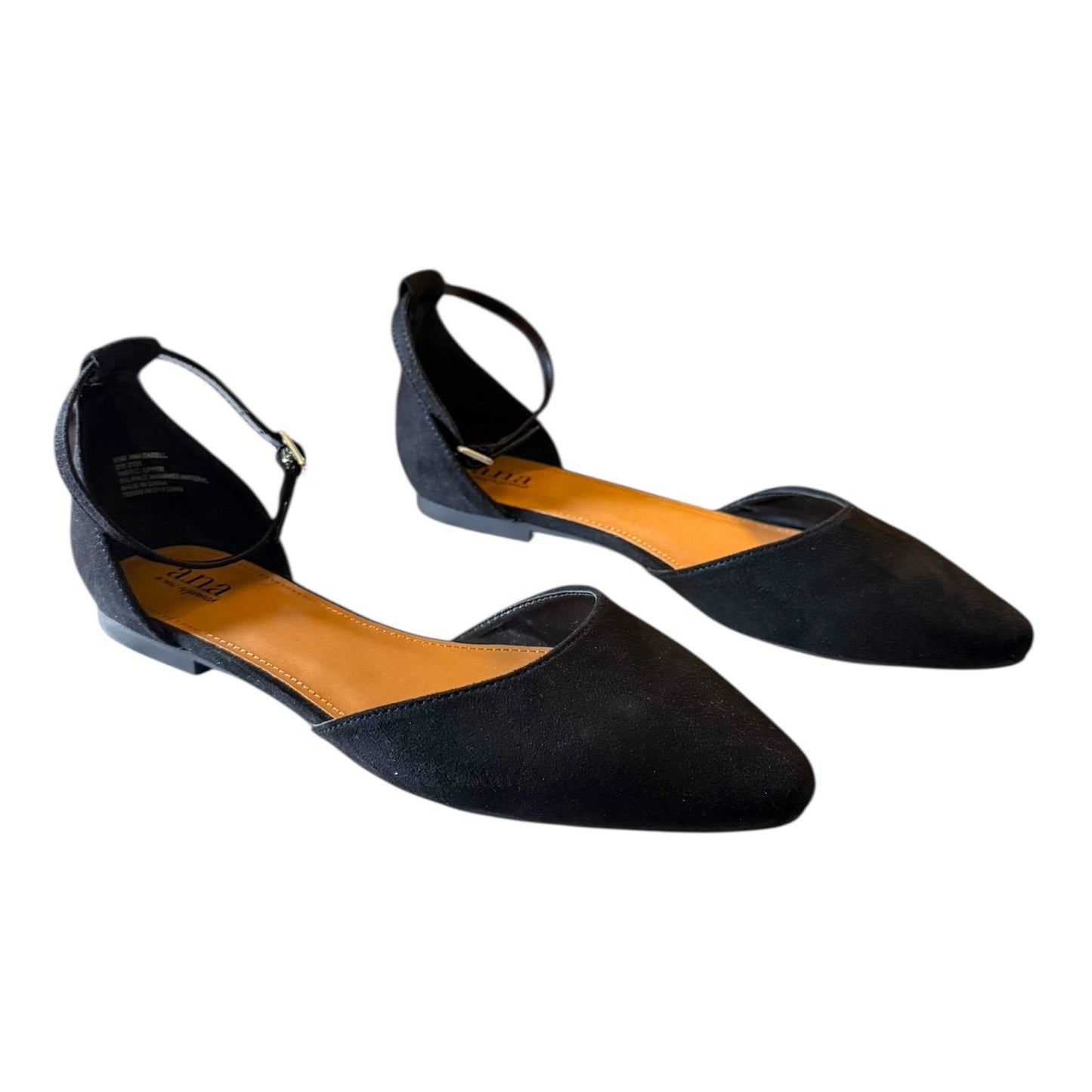 A pair of black pointed-toe flat shoes with ankle straps, shown on a plain white background.