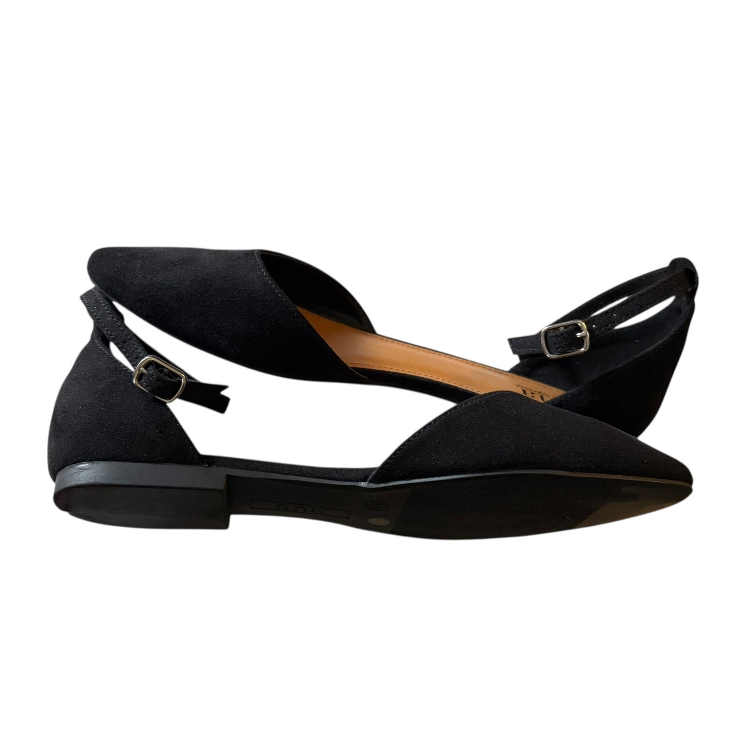 A pair of black pointed-toe flat sandals with ankle straps and small buckle details, shown from a side profile on a white background.