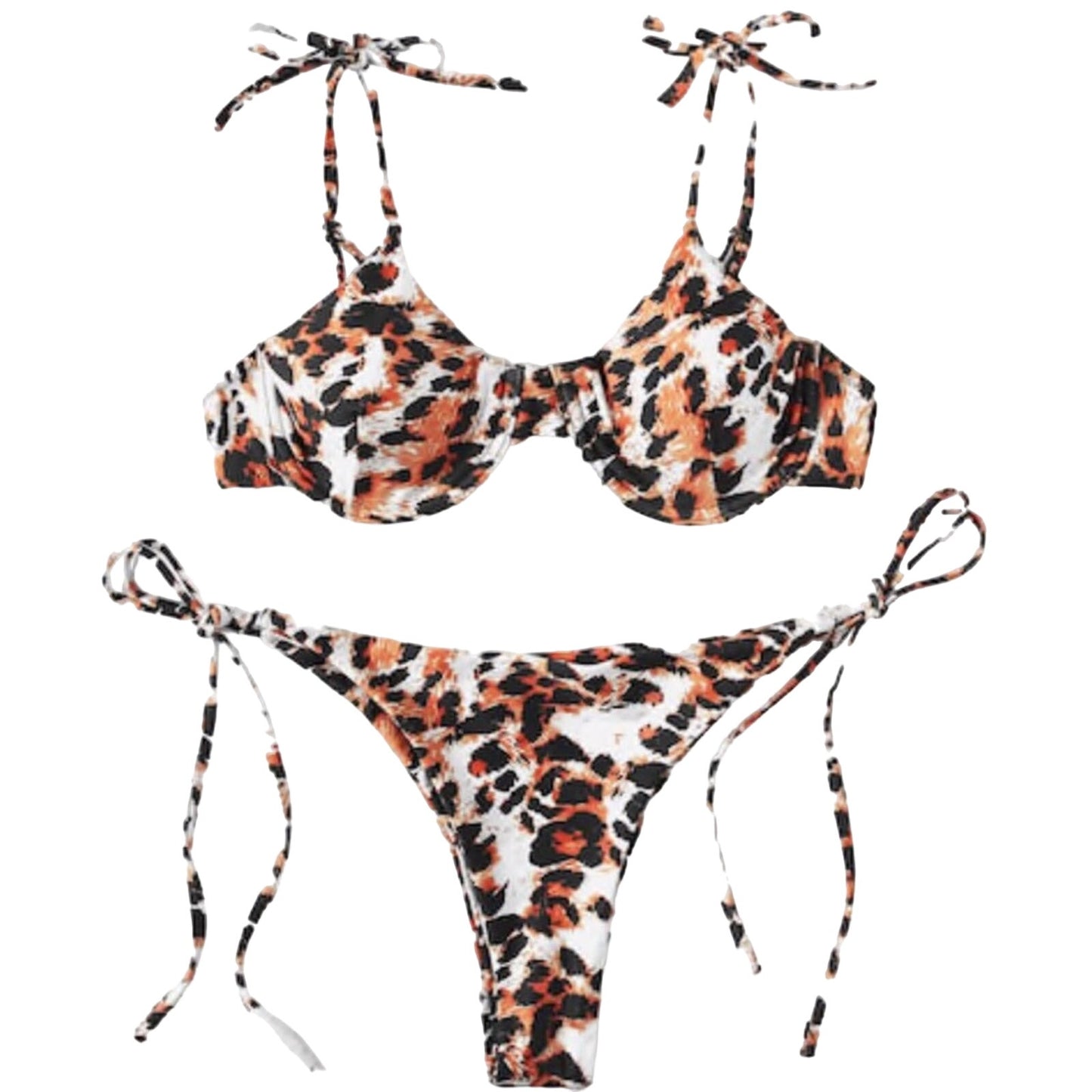 A two-piece bikini set with a leopard print pattern in orange, black, and white. The set includes a bikini top with tie straps and a matching bikini bottom with side ties, displayed on a solid white background.