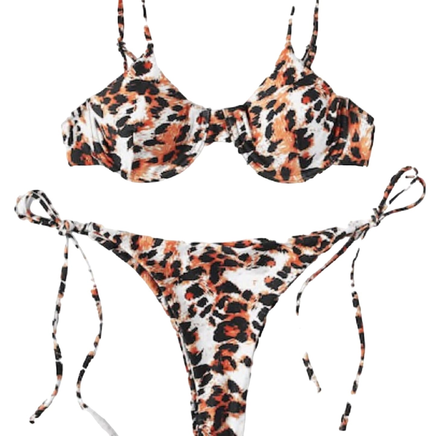 A two-piece bikini set with a brown, black, and white leopard print pattern, featuring a top and a side-tie bottom.