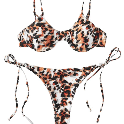 A two-piece bikini set with a brown, black, and white leopard print pattern, featuring a top and a side-tie bottom.