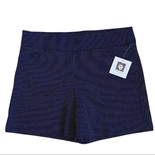 Navy blue shorts with a brand tag on a white background