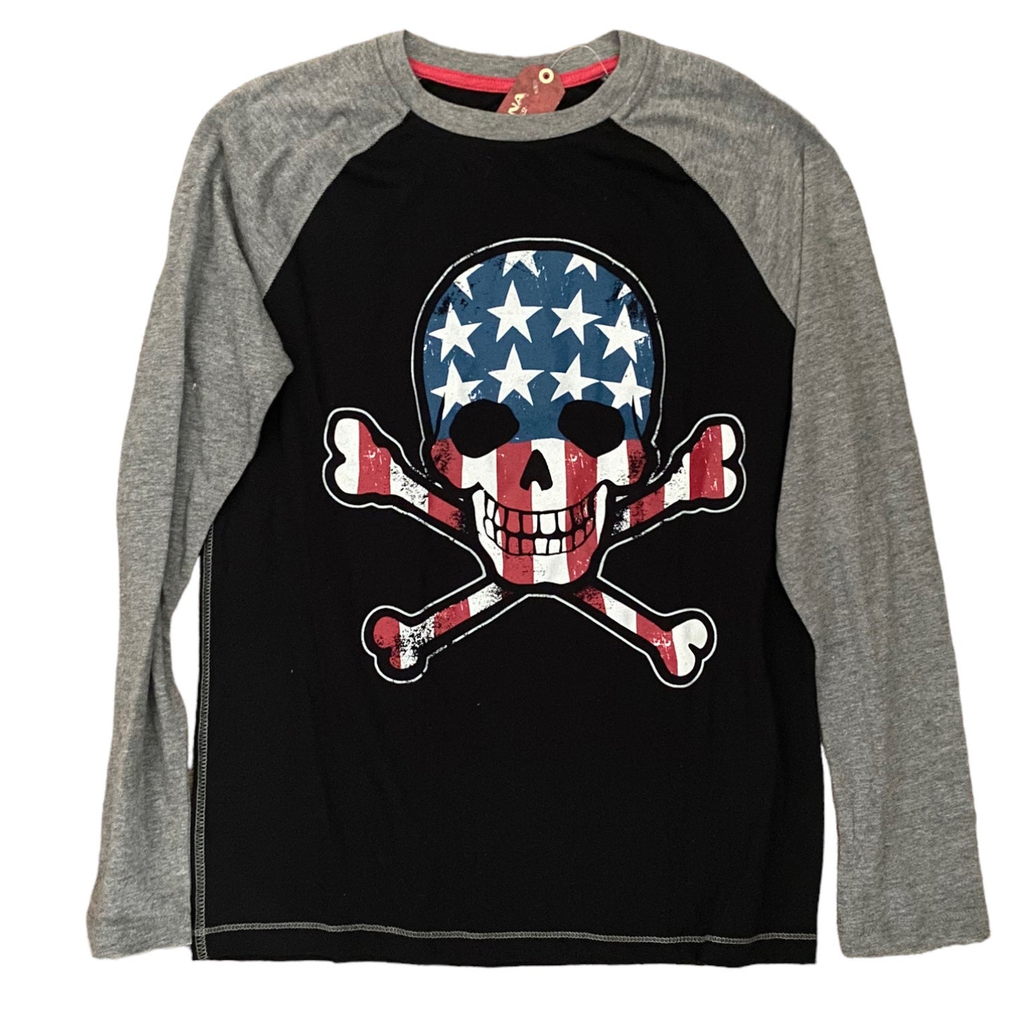 Front of Long-sleeve shirt with skull and crossbones design featuring American flag colors on a white background.