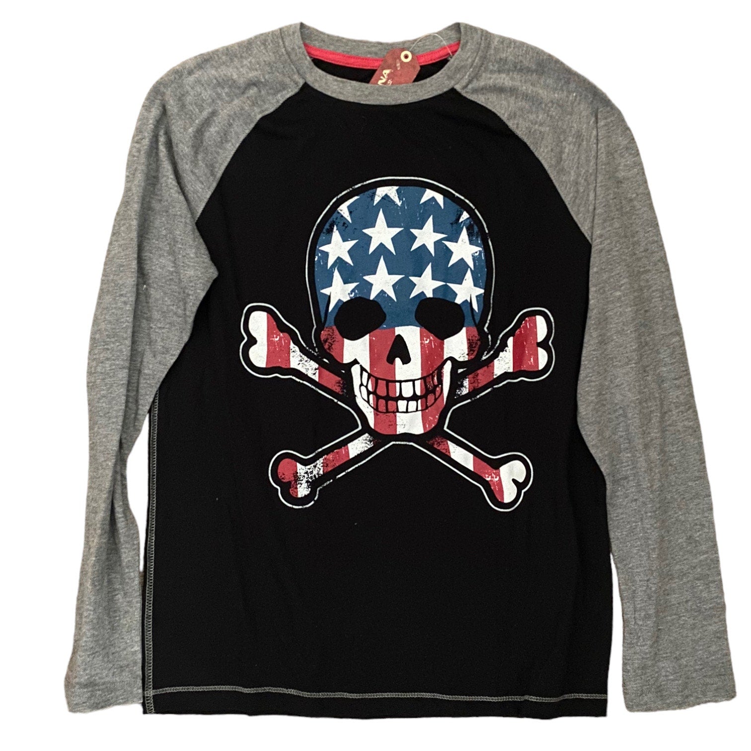 Front of Long-sleeve shirt with skull and crossbones design featuring American flag colors on a white background.