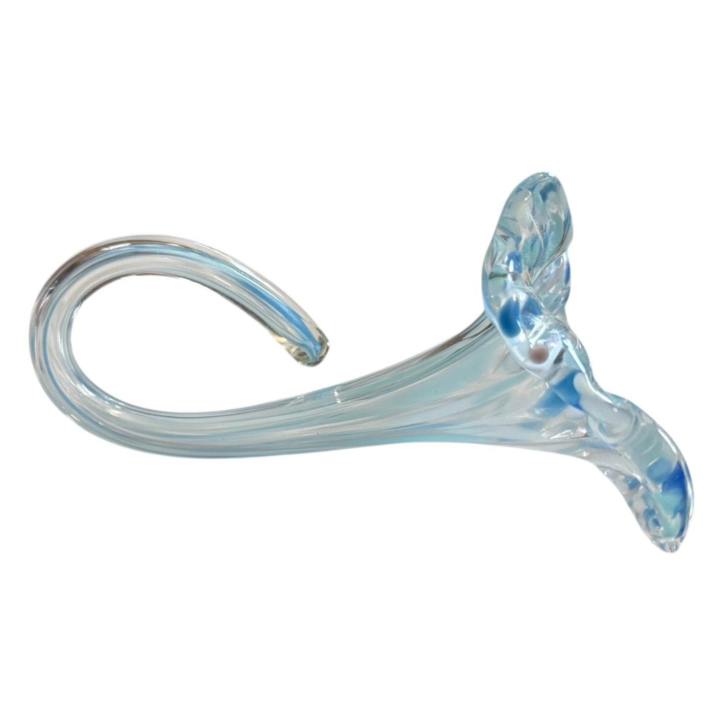 Glass flower vase with blue and clear design on a white background